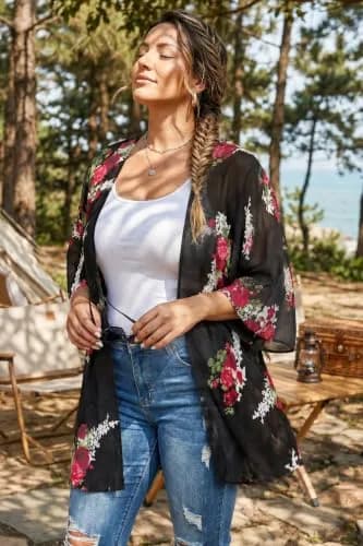 CHICGAL Women's Floral Kimono Cardigan Cover Up Casual Tops,Black Floral,M thumbnail 4