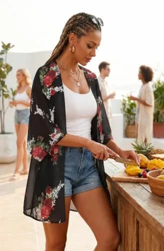 CHICGAL Women's Floral Kimono Cardigan Cover Up Casual Tops,Black Floral,M thumbnail 5