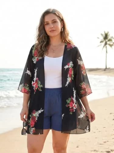 CHICGAL Women's Floral Kimono Cardigan Cover Up Casual Tops,Black Floral,M thumbnail 6