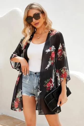 CHICGAL Women's Floral Kimono Cardigan Cover Up Casual Tops,Black Floral,M thumbnail 2