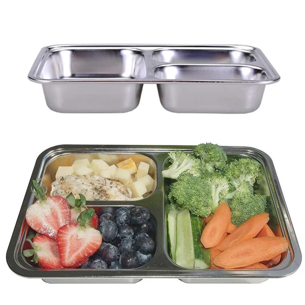 AIYoo 2 Stainless Steel Divided Plates Tray 11.2 inch | Unbreakable Portion Control Plate for Adults — 9.45 x 6.69 Inch (3 Sections)