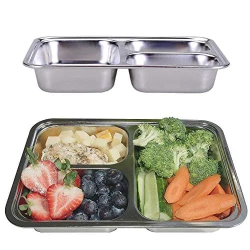 AIYoo Set of 2 Stainless Steel Divided Plates Tray 3 Sections 9.5 inch | Unbreakable Metal Plate for Adults thumbnail 1