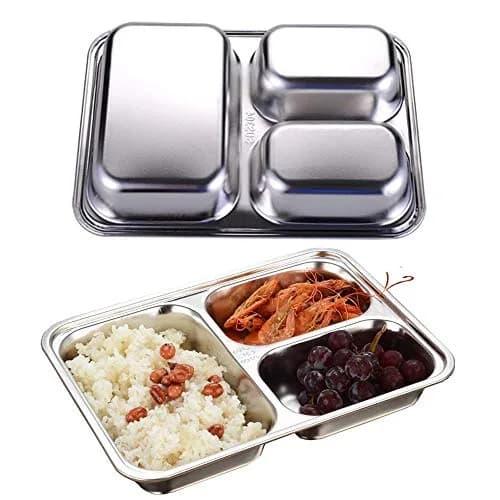 AIYoo Set of 2 Stainless Steel Divided Plates Tray 3 Sections 9.5 inch | Unbreakable Metal Plate for Adults thumbnail 6