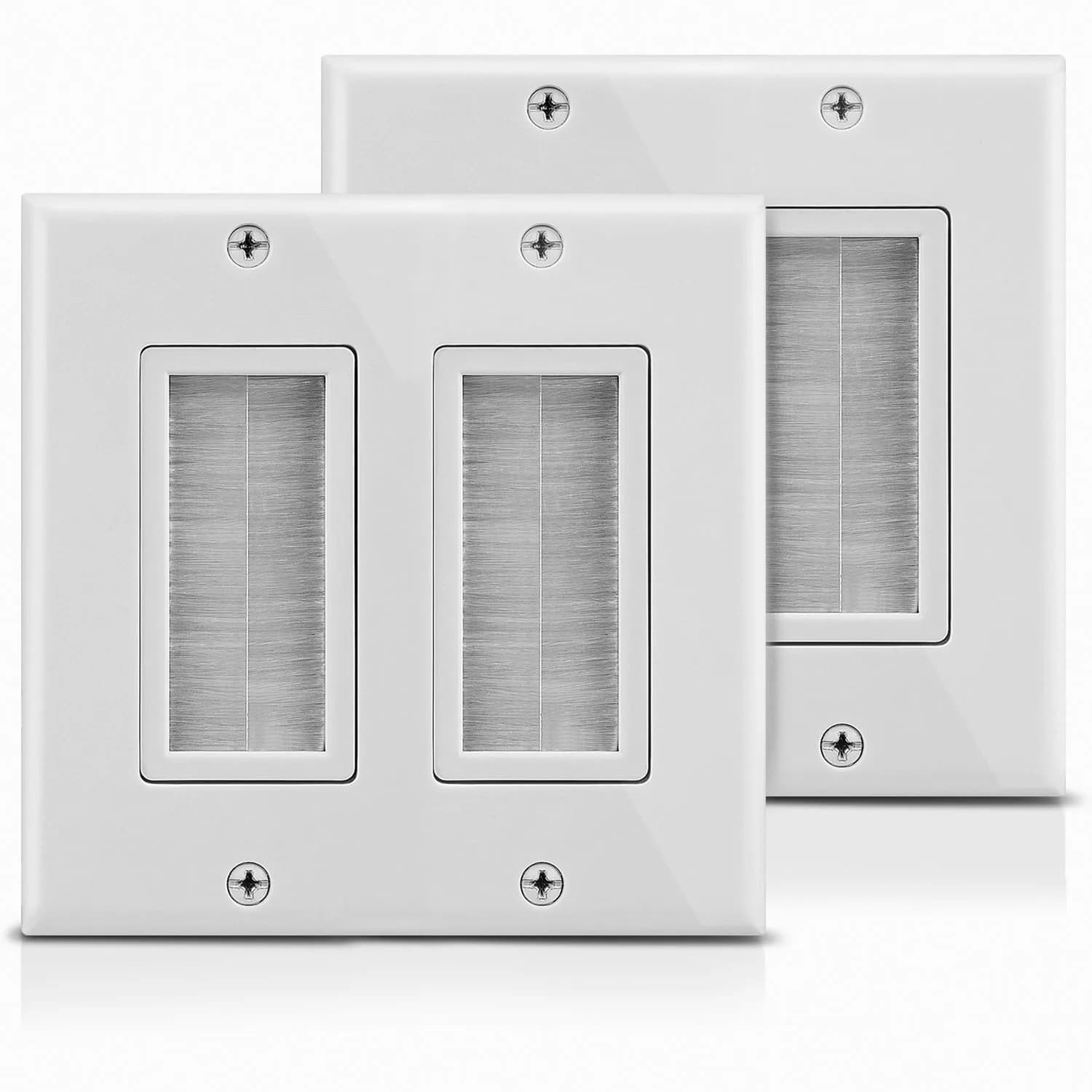 Fosmon 2-Gang Wall Plate, Brush Style Opening Passthrough Low Voltage Cable Plate in-Wall Installation for Speaker Wires, Coaxial, HDMI, or Network/Phone Cables - 2 PACK