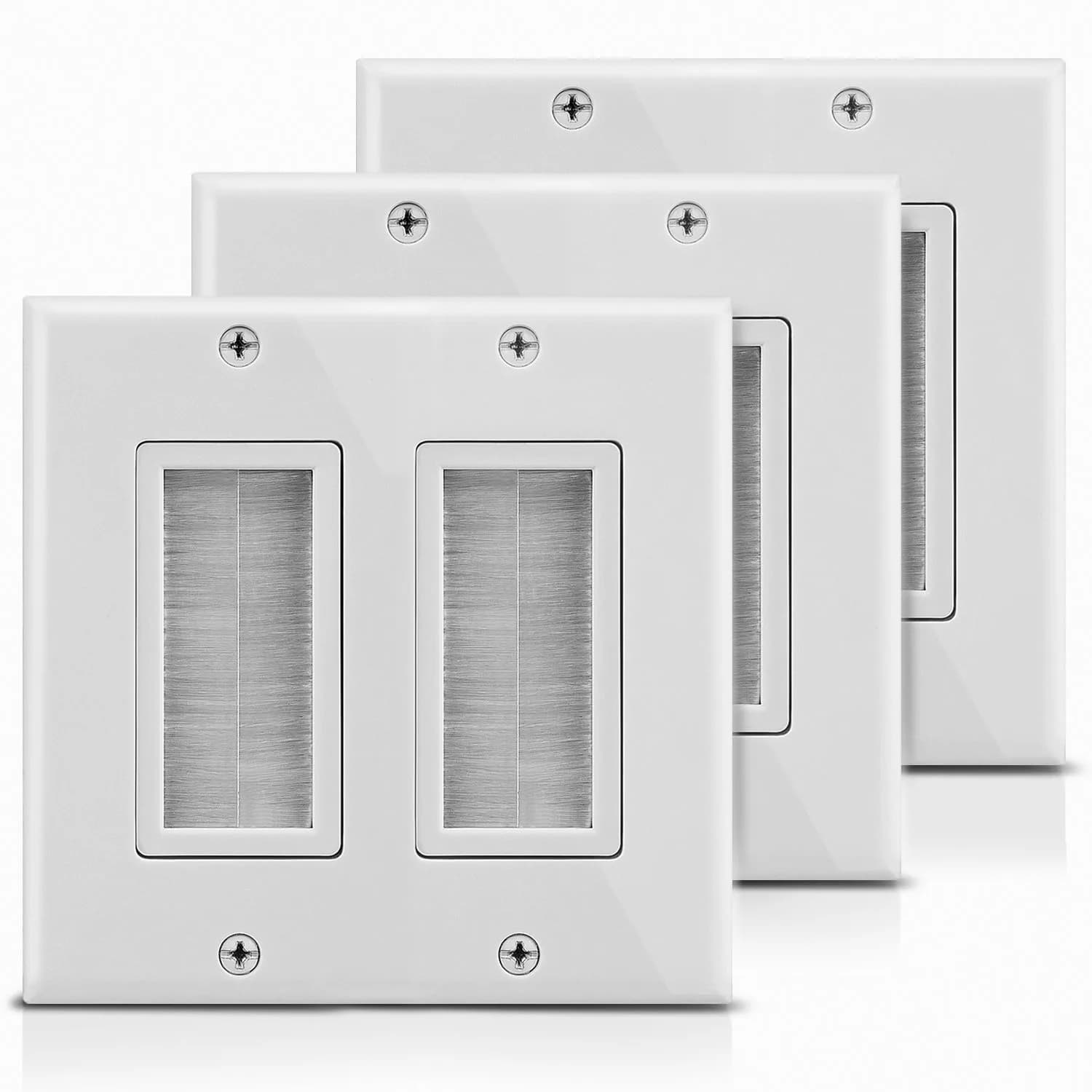 Fosmon 2-Gang Wall Plate, Brush Style Opening Passthrough Low Voltage Cable Plate in-Wall Installation for Speaker Wires, Coaxial, HDMI, Network - 3 PACK