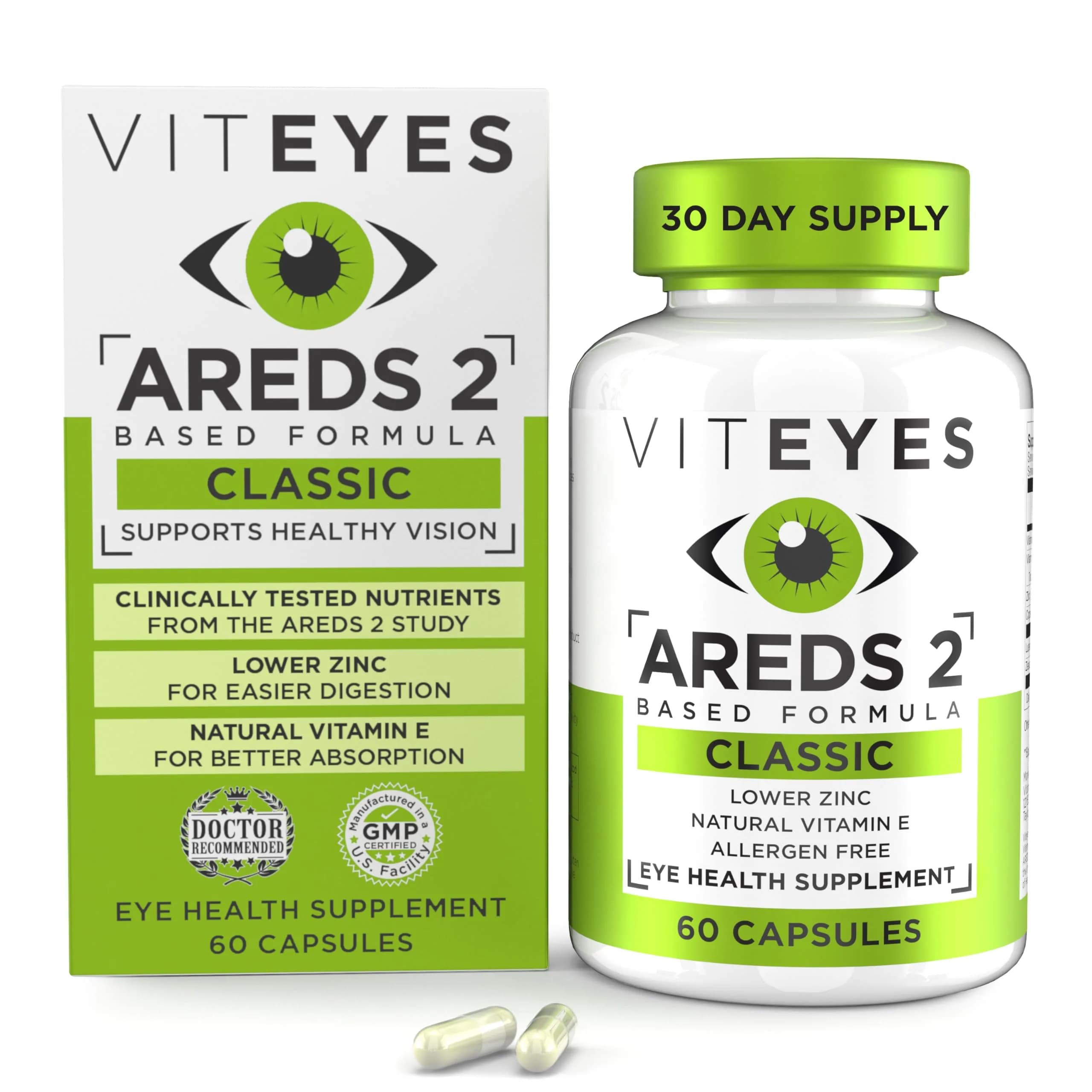 Viteyes AREDS 2 Eye Vitamins, Classic Macular Support, 60 Capsules | Allergen Free, Natural Vitamins for Eye Health - main product image