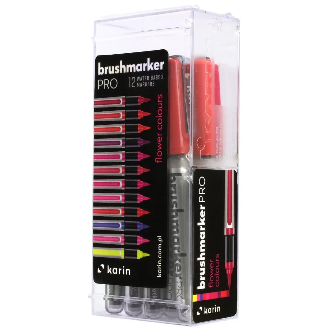 Karin Brushmarker Pro 12pc Basic Colors Brush Tip Markers Set | Blendable Water-Based Professional Grade Markers for Adults and Artists — Flower