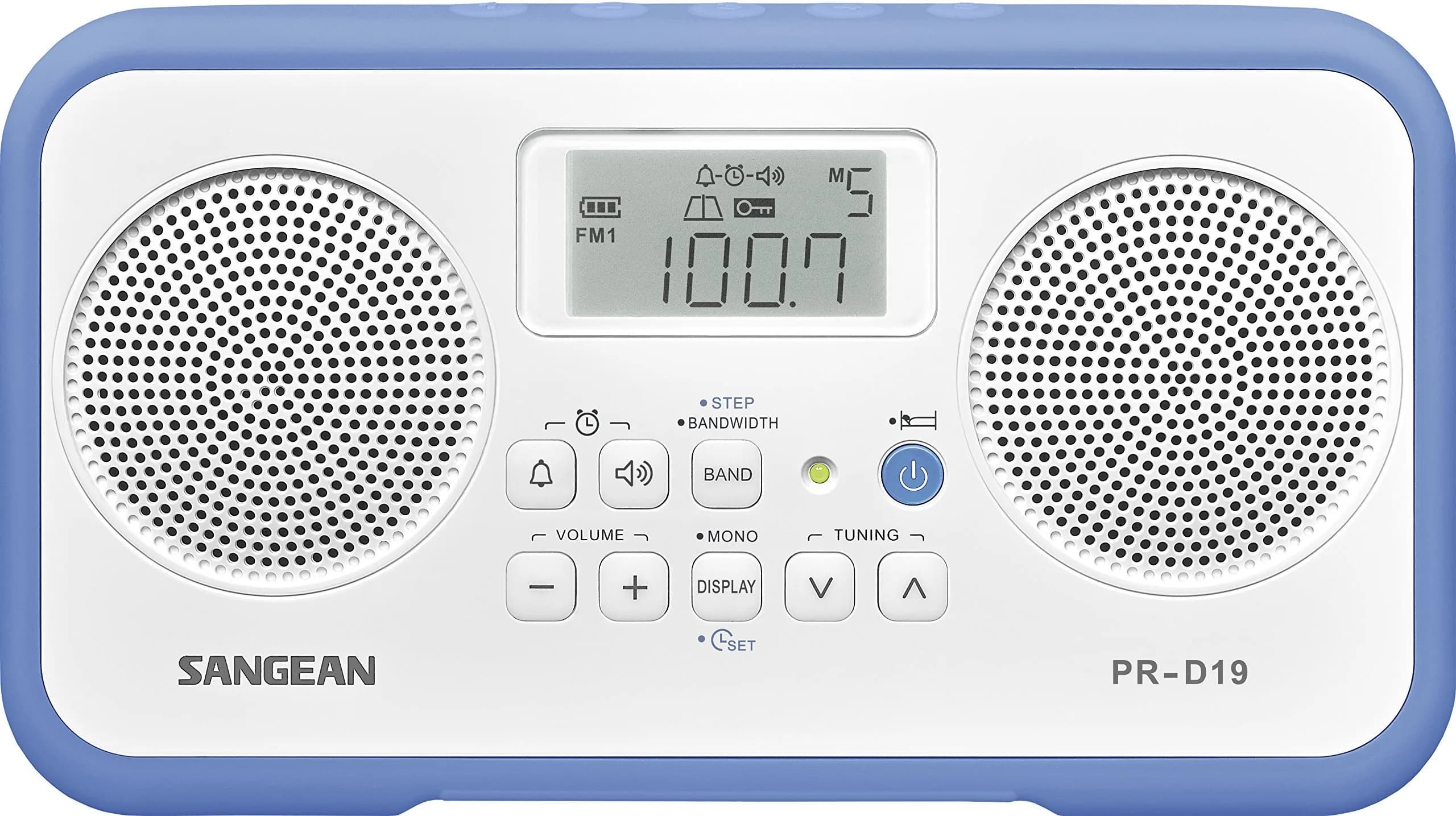 Sangean PR-D19BK FM Stereo/AM Digital Tuning Portable Radio 1.06 lb (0.48 kg) | 20 Station Presets with Aux-In — White/Blue