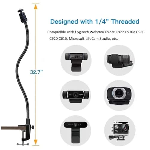 Etubby Webcam Stand Holder 27" Adjustable Gooseneck Desk Clamp Mount for Logitech Webcam C925X, C922, C930e, C930, C920, C615, Etc. (1/4" Threaded) thumbnail 3