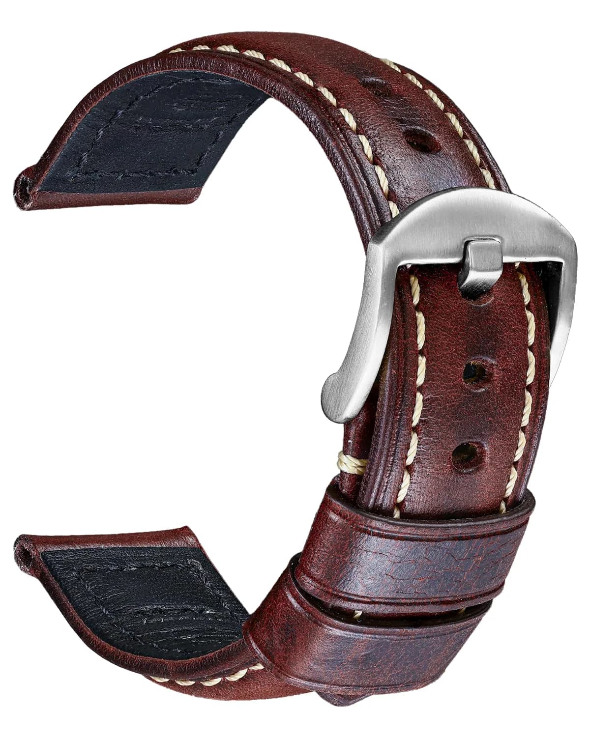 REZERO Leather Watch Bands, Thickened Vintage Strap 22mm | Classic Oil-Waxed Leather — Merlot Merlot Rot/Silver