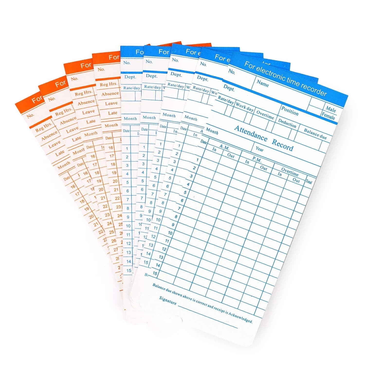 Flexzion Monthly Time Cards 270 Pack | 6 Column Double-Sided Monthly Format — Orange/Blue