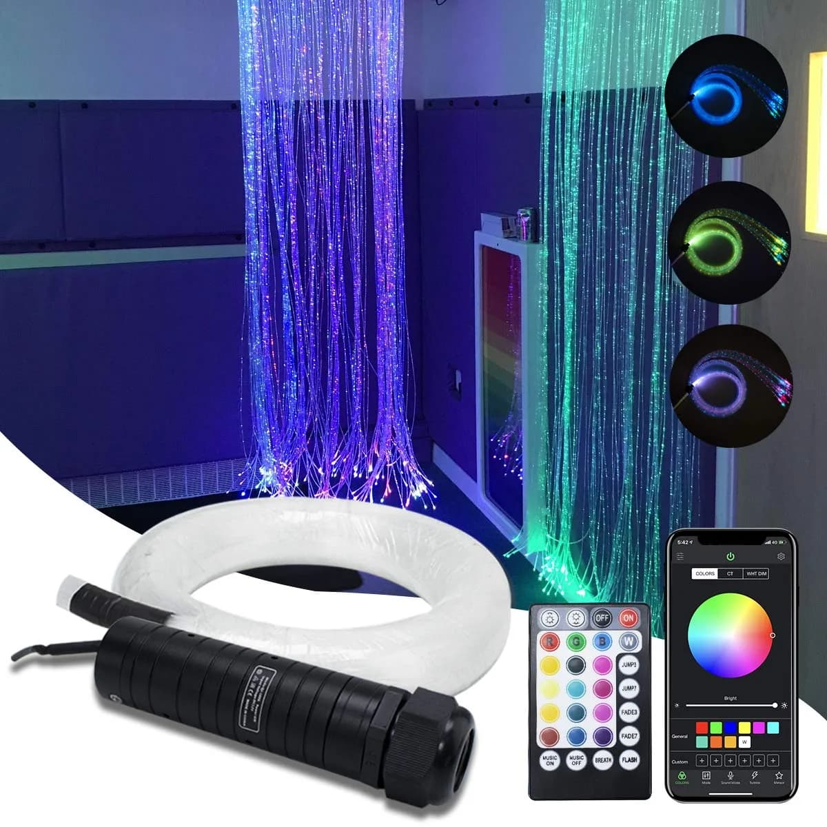AMKI RGBW Fiber Optic Curtain Light Kit 2m (6.5ft) | Smart App & Bluetooth Control for Windows & Sensory Rooms