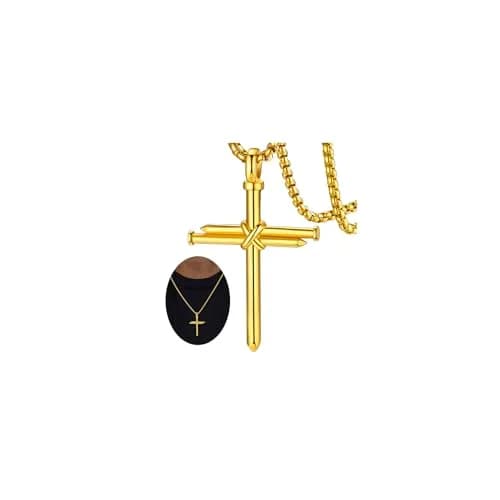 FaithHeart Nail Cross Necklace for Men, Gold Cross Pendant 54mm x 35mm | Stainless Steel Christian Jewelry thumbnail 1