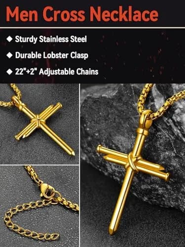 FaithHeart Nail Cross Necklace for Men, Gold Cross Pendant 54mm x 35mm | Stainless Steel Christian Jewelry thumbnail 5