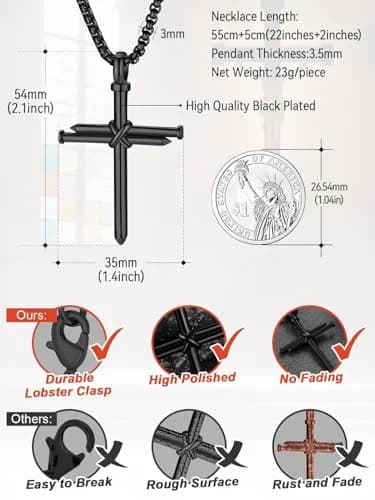 FaithHeart Black Cross Necklace for Men | Stainless Steel Pendant with Box Chain (54mm x 35mm) thumbnail 6