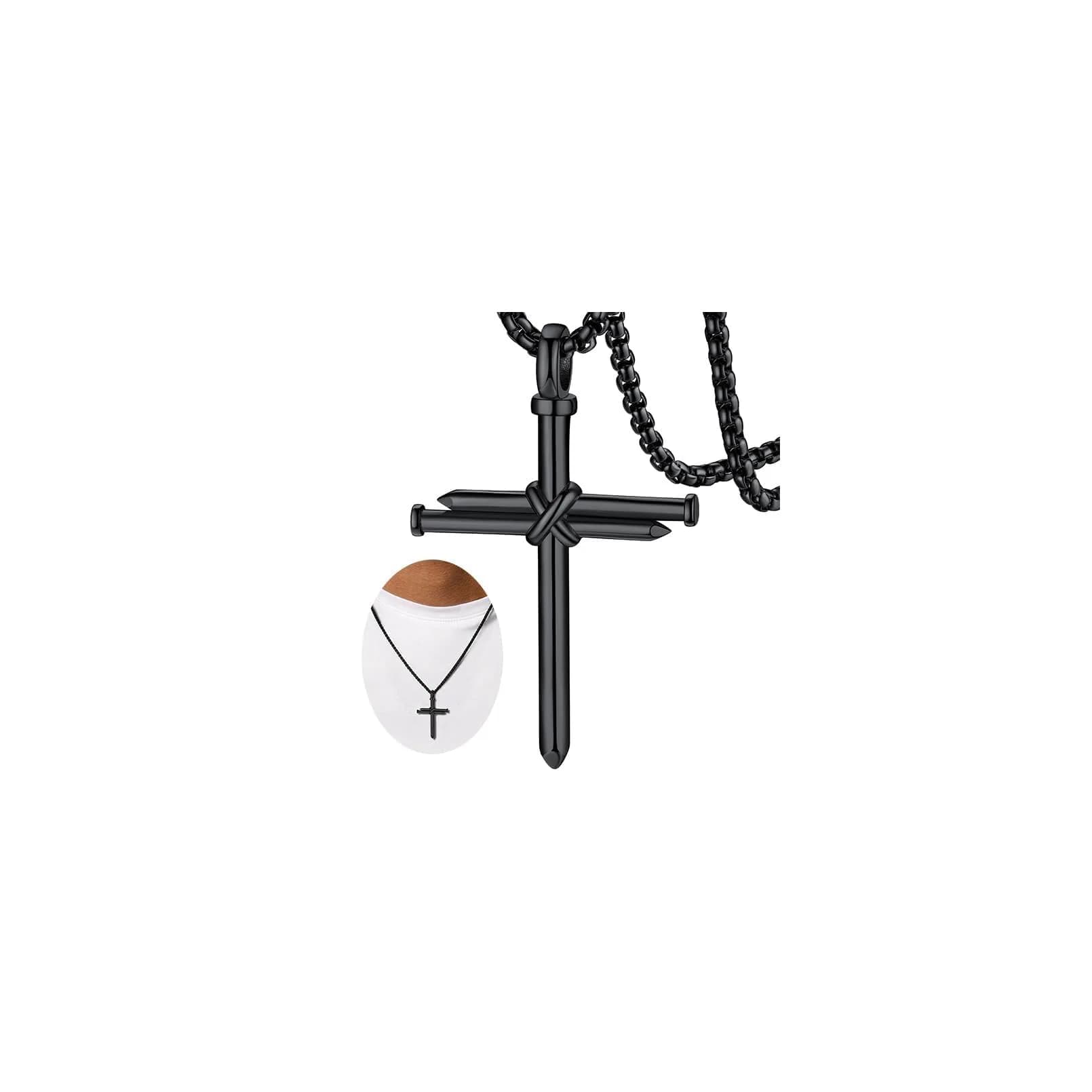 FaithHeart Black Cross Necklace for Men | Stainless Steel Pendant with Box Chain (54mm x 35mm)