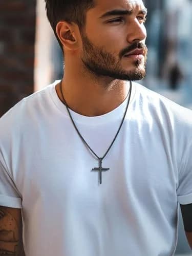FaithHeart Black Cross Necklace for Men | Stainless Steel Pendant with Box Chain (54mm x 35mm) thumbnail 2