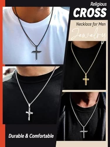 FaithHeart Black Cross Necklace for Men | Stainless Steel Pendant with Box Chain (54mm x 35mm) thumbnail 4