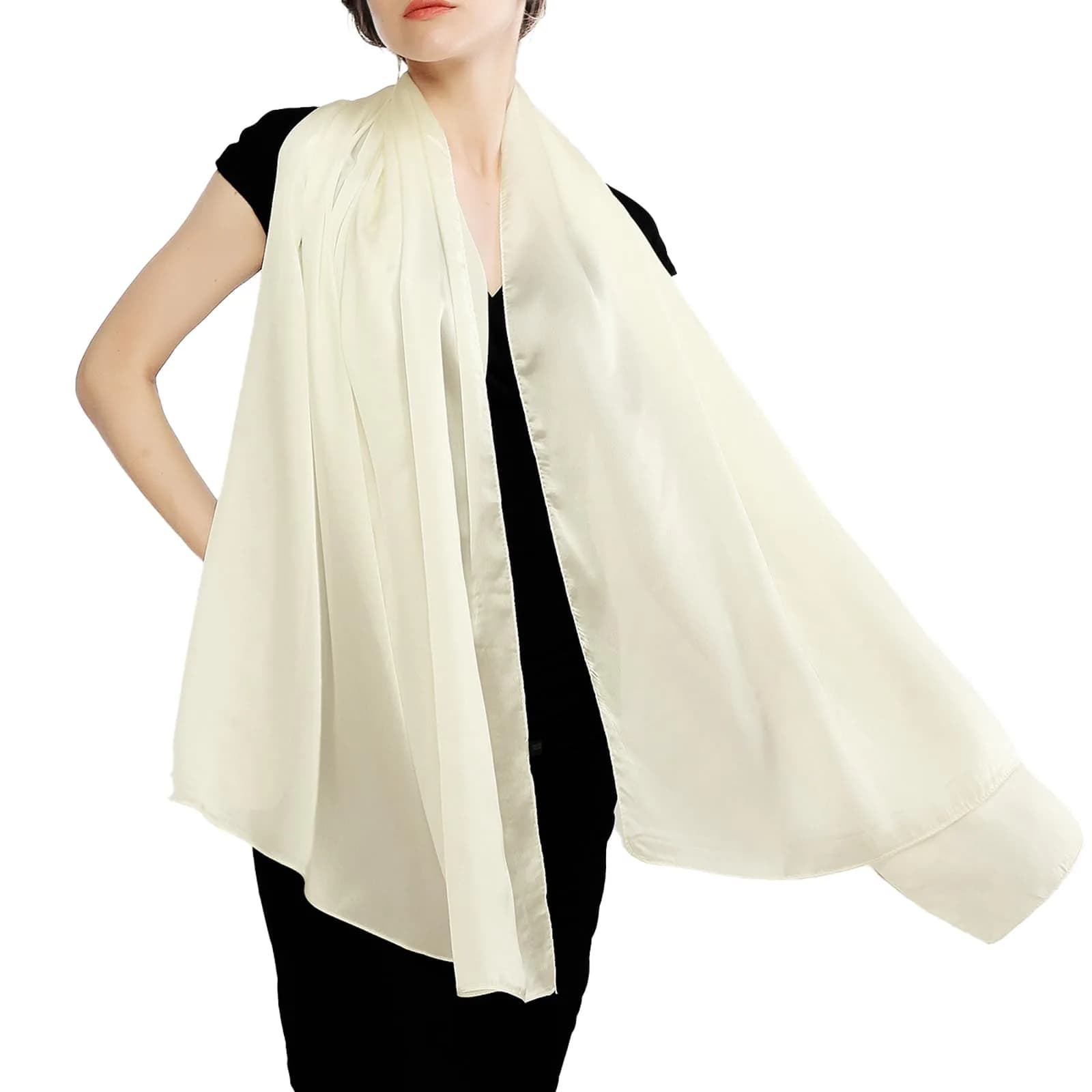 RIIQIICHY Women Shawls and Wraps for Evening Dresses 70.8"L x 35.4"W Ivory Silk Scarf Formal Silky Pashmina for Weddings - main product image