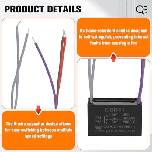 Podoy CBB61 Ceiling Fan Capacitor 4.5uF+6uF+6uF 5 Wire 2-Pack | AC 250V 50/60Hz Motor Run Capacitor thumbnail 4
