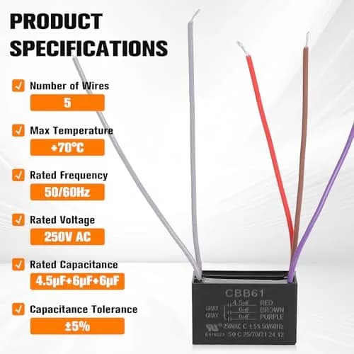 Podoy CBB61 Ceiling Fan Capacitor 4.5uF+6uF+6uF 5 Wire 2-Pack | AC 250V 50/60Hz Motor Run Capacitor thumbnail 2