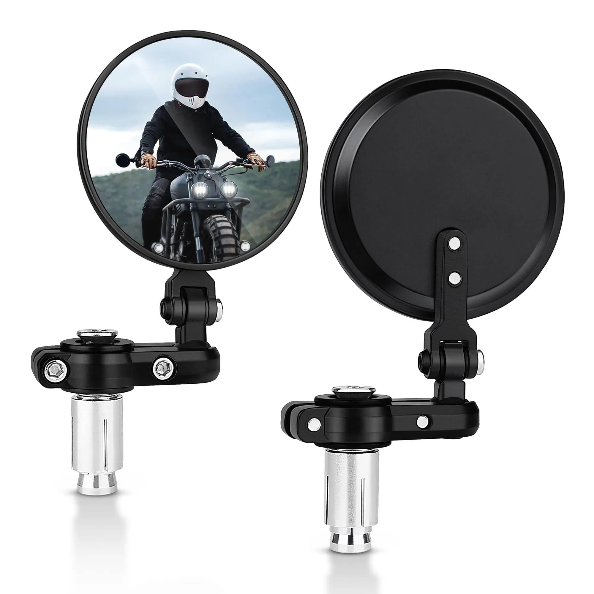 MICTUNING 7/8" Universal Motorcycle Mirrors - 3 Inch Round Folding Bar End Side Mirror | 7.6 cm Round Convex Glass — Black