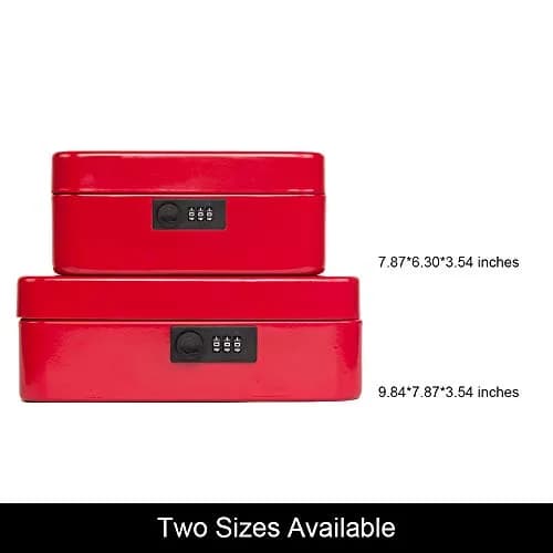KYODOLED Medium Cash Box with Combination Lock 7.87"x 6.30"x 3.54" Red | Metal Money Safe with Removable Tray thumbnail 5