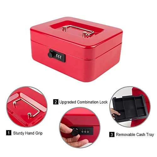 KYODOLED Medium Cash Box with Combination Lock 7.87"x 6.30"x 3.54" Red | Metal Money Safe with Removable Tray thumbnail 2