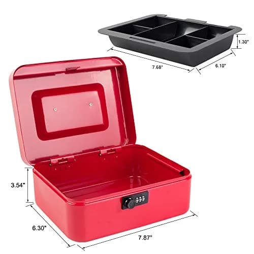 KYODOLED Medium Cash Box with Combination Lock 7.87"x 6.30"x 3.54" Red | Metal Money Safe with Removable Tray thumbnail 3