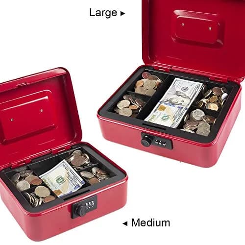KYODOLED Medium Cash Box with Combination Lock 7.87"x 6.30"x 3.54" Red | Metal Money Safe with Removable Tray thumbnail 4