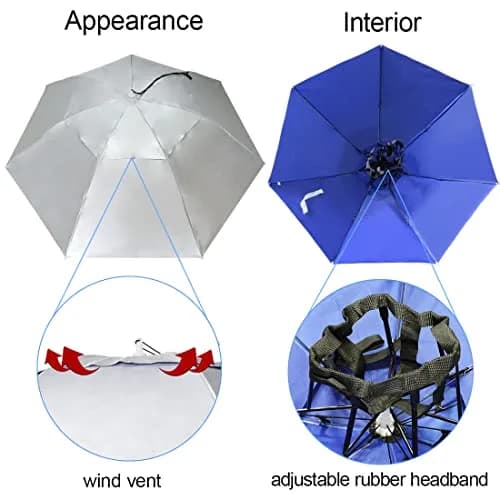 NEW-Vi Fishing Umbrella Hat Silver/Blue | 95cm (37.4") Wide Brim, Hands-Free Sun & Rain Protection thumbnail 6