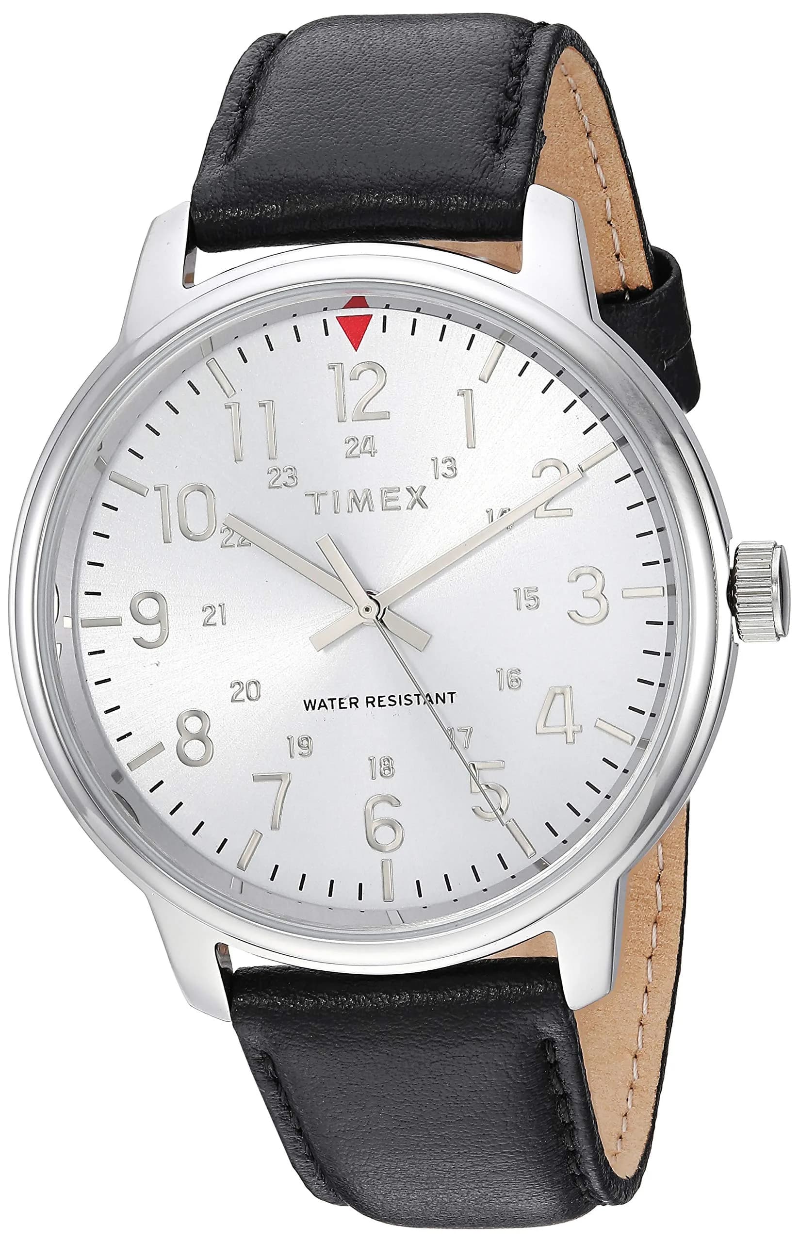 Timex Classic 43mm Black/Silver-Tone Leather Strap Watch | Water-Resistant 50m