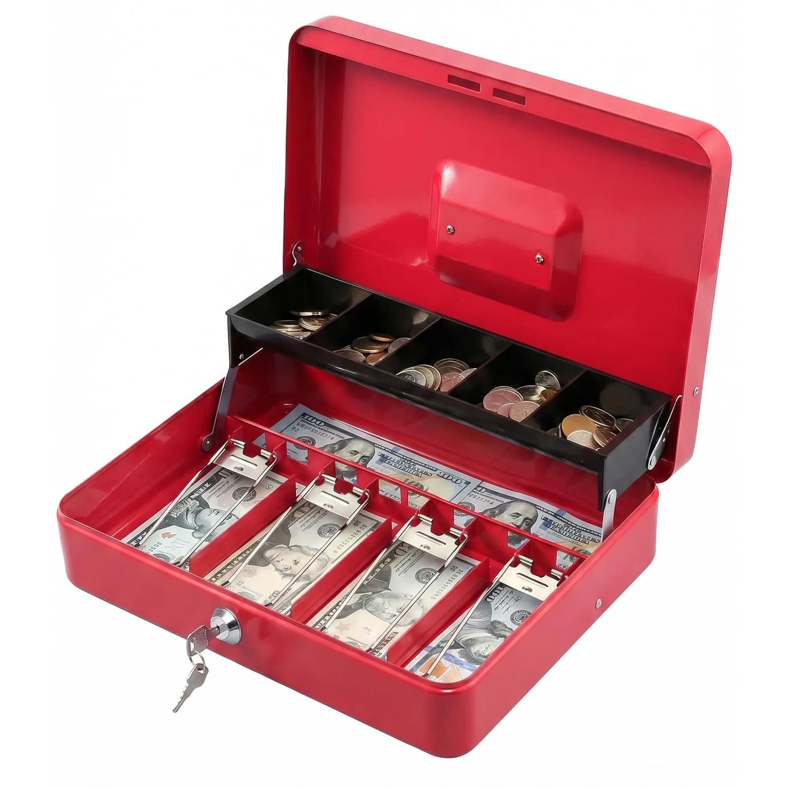 KYODOLED Metal Cash Box with Combination Lock & Spring-Loaded Bill Clips, 30cm (11.81") x 24cm (9.45") x 9cm (3.54") | Secure Storage for Businesses — Red / XL-Key Lock