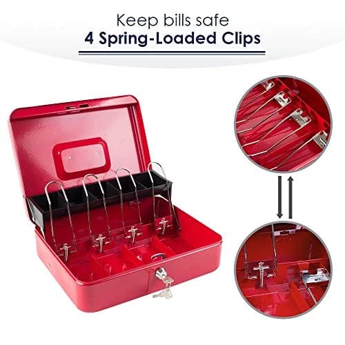 KYODOLED Locking Cash Box with Key & Tray 30cm (11.81") Red XL | Secure Metal Money Organizer thumbnail 3