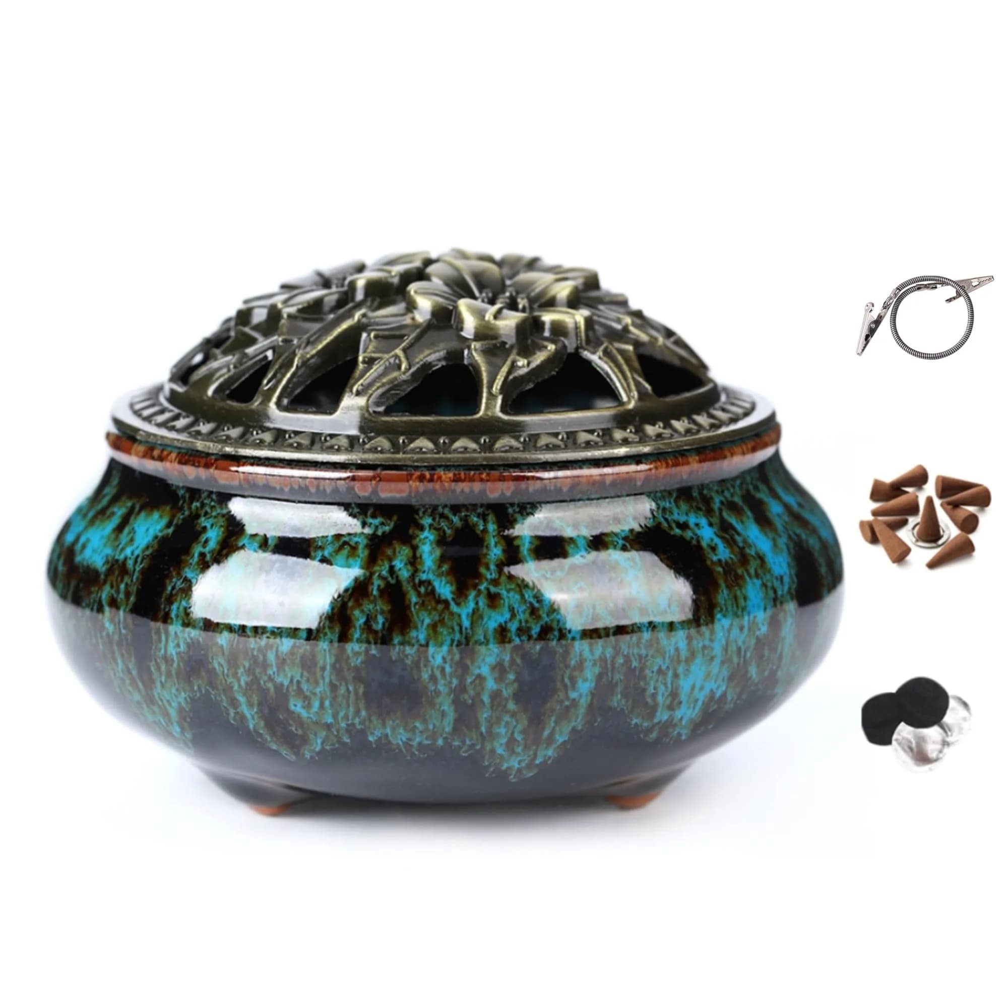 LamDawn Blue Fambe Ceramic Incense Burner with Stick Holder 10cm (3.9in) | Classical Furnishing for Meditation - main product image