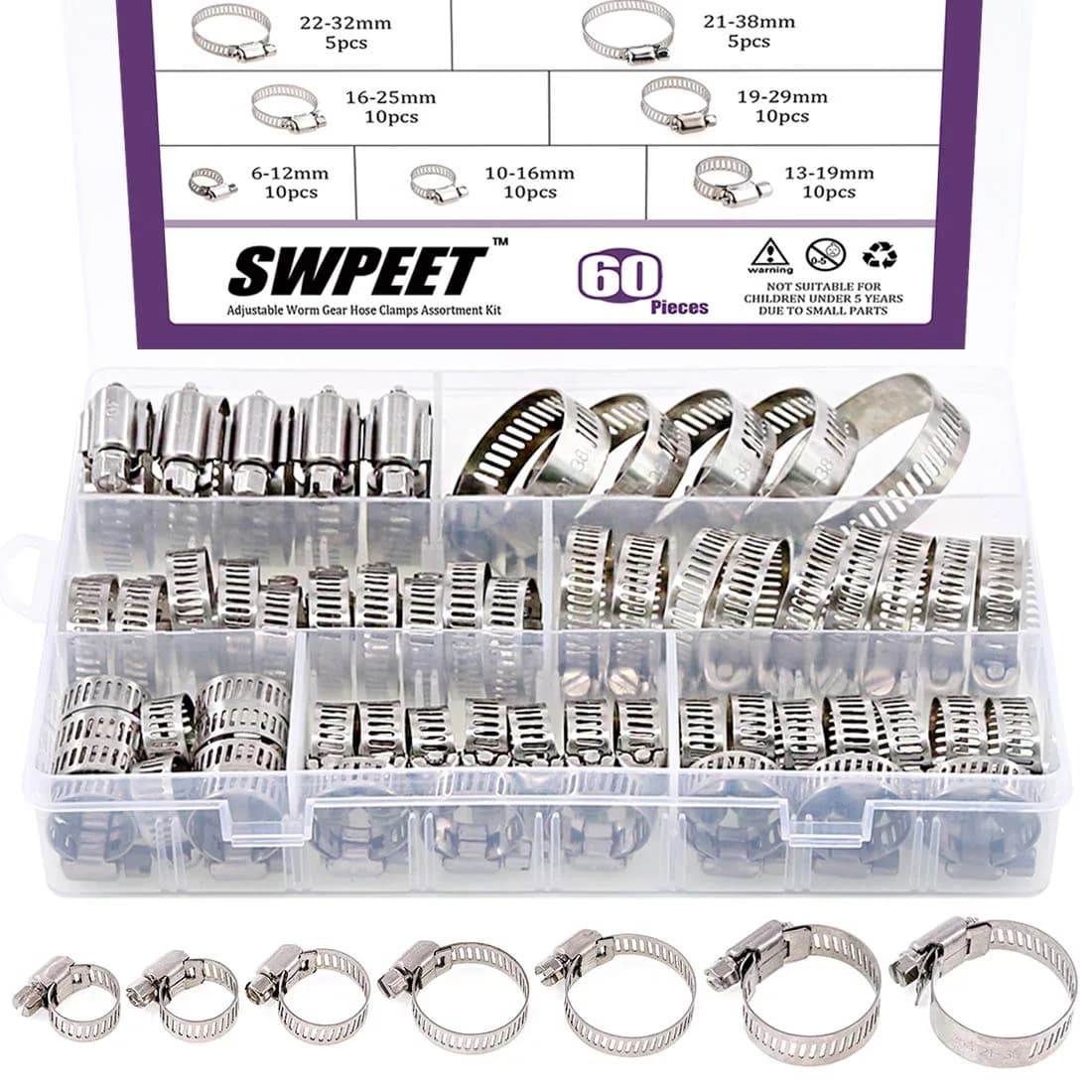 Swpeet 60Pcs Assorted Hose Clamps Kit 6-38mm | Stainless Steel Worm Gear for Automotive & Plumbing - main product image