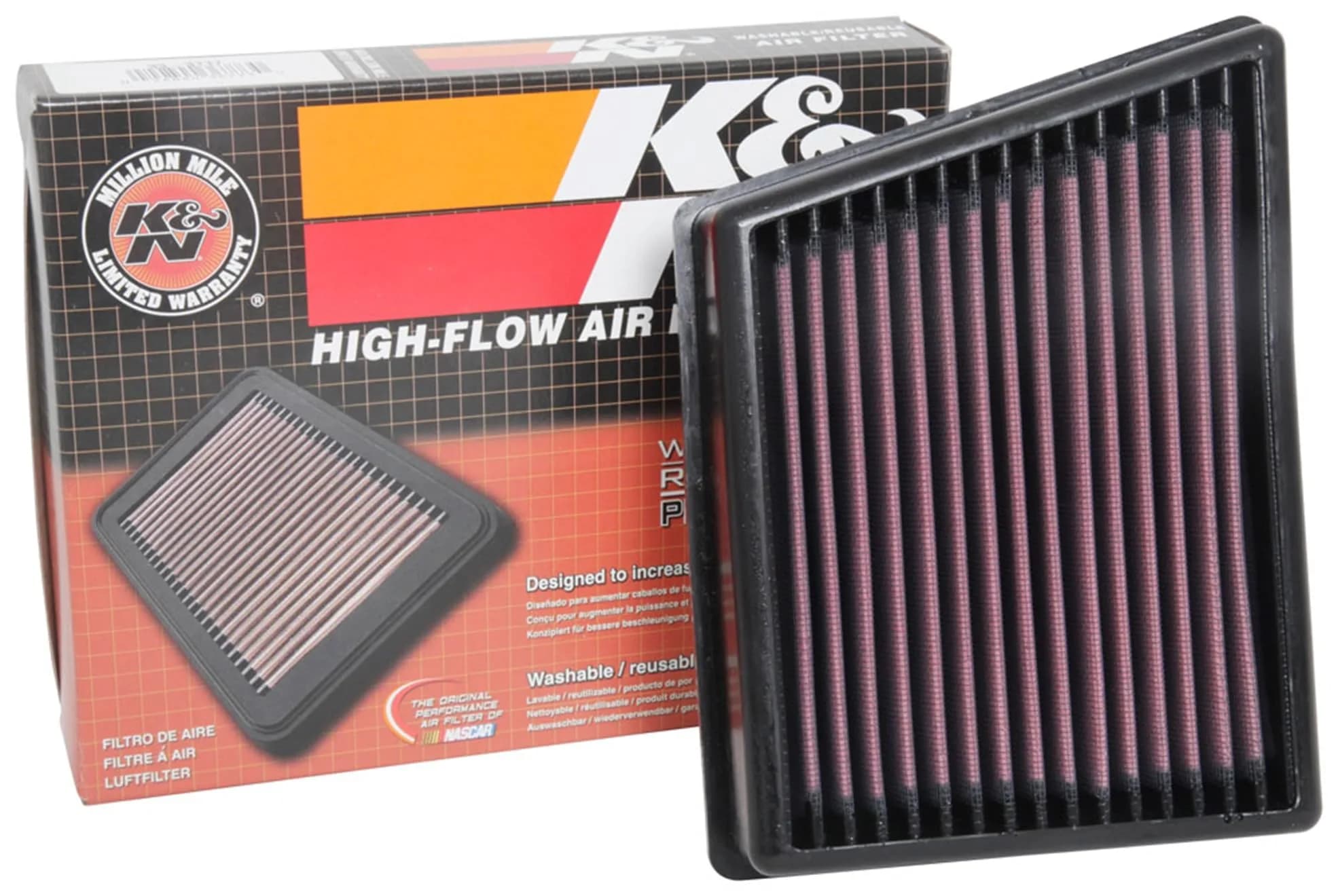 K&N Engine Air Filter: Reusable, Washable, 75,000 Mile Service, 19.6cm x 24.6cm x 4.4cm (7.7in x 9.7in x 1.7in) | High-Flow Performance for Ford EcoSport, Fiesta, Transit - main product image