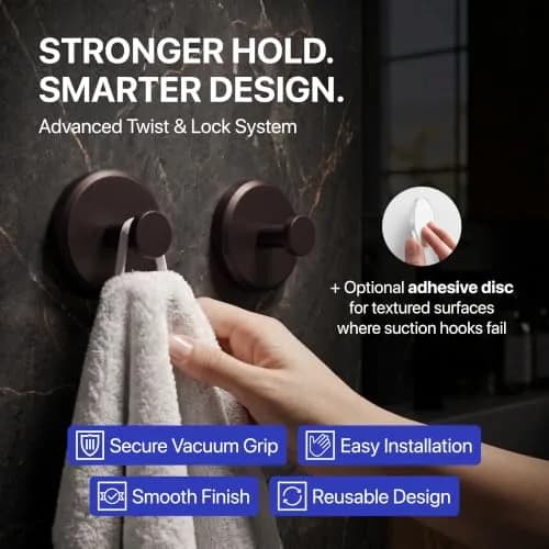 HOME SO Heavy Duty Suction Cup Hooks with Twist-Lock, 2-Pack Dark Bronze | Holds 15 lbs, No Drilling Required thumbnail 2