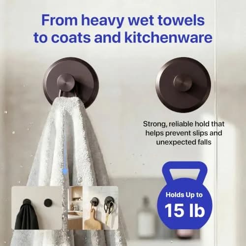 HOME SO Heavy Duty Suction Cup Hooks with Twist-Lock, 2-Pack Dark Bronze | Holds 15 lbs, No Drilling Required thumbnail 4
