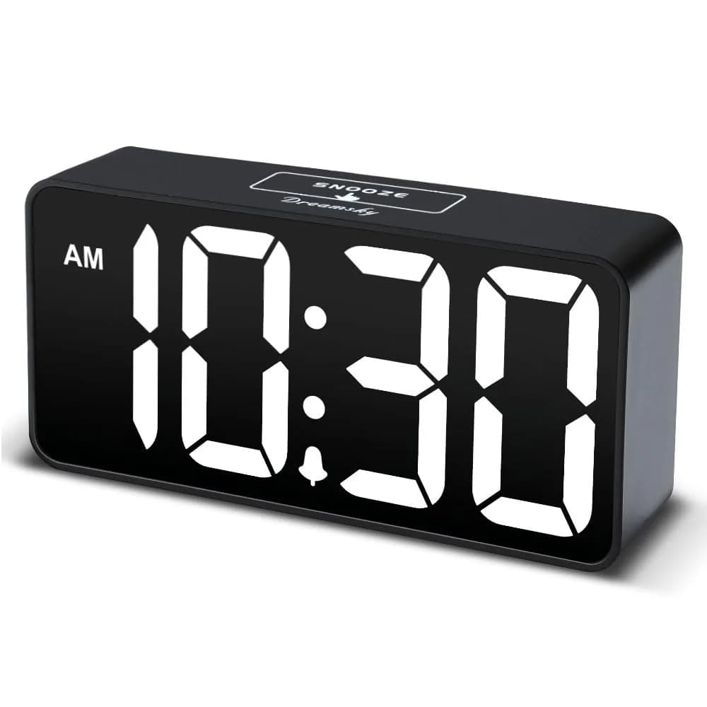 DreamSky Small Digital Alarm Clock for Bedroom, Large 2-inch LED Display | Black Case White Digits, Plug-in with USB Charging Port - main product image