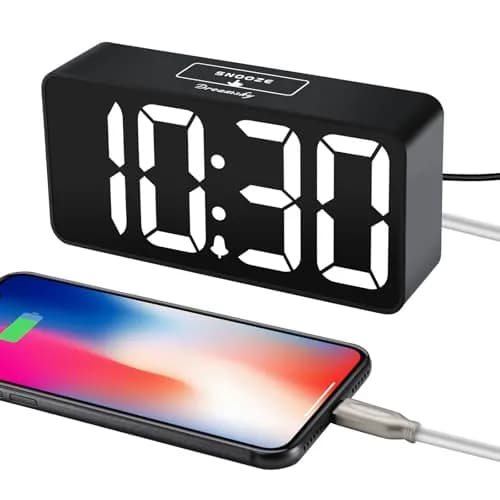 DreamSky Small Digital Alarm Clock for Bedroom, Large 2-inch LED Display | Black Case White Digits, Plug-in with USB Charging Port thumbnail 4