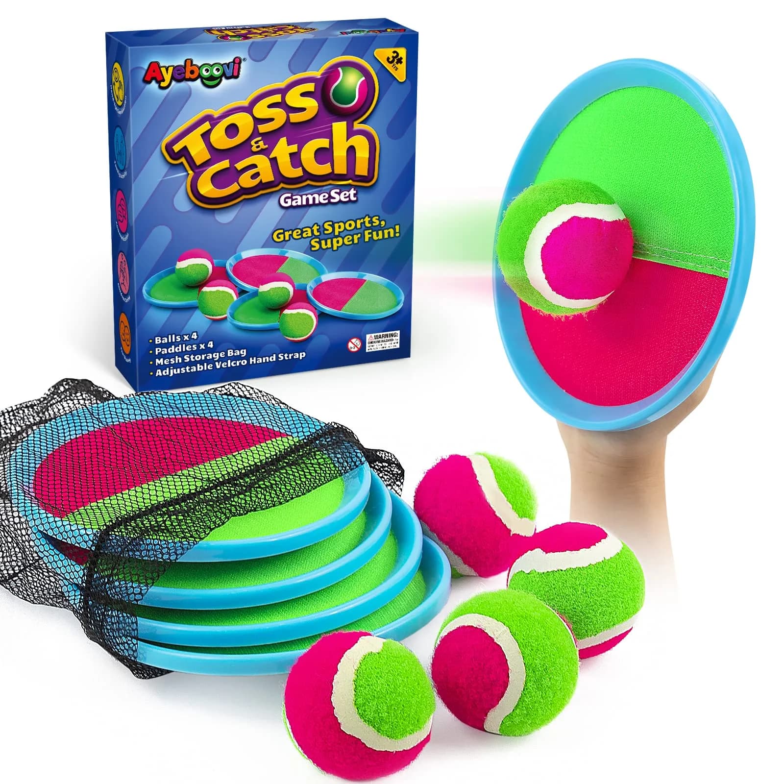 Ayeboovi Toss and Catch Ball Game Set with 4 Paddles & 4 Balls | Upgraded Outdoor Toy for Kids Ages 3-12