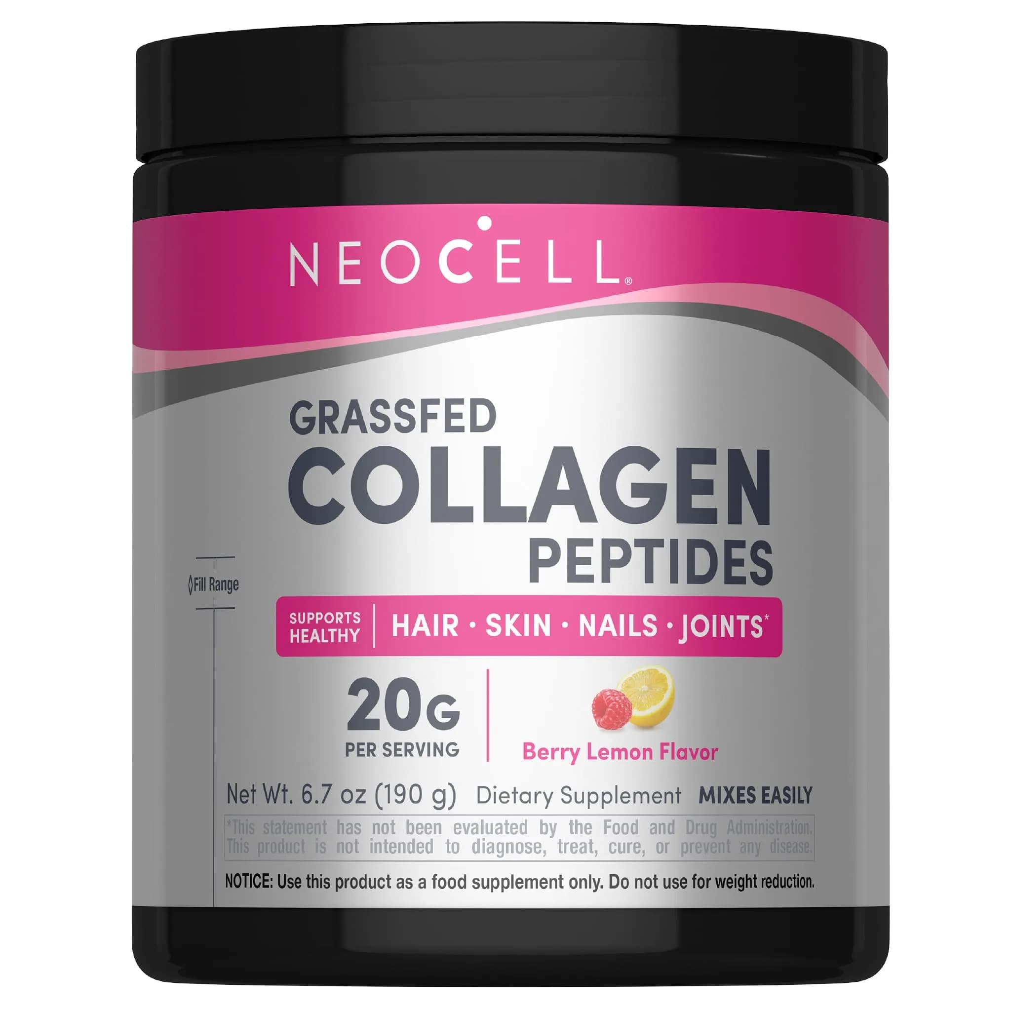 NeoCell Super Collagen Peptides Powder Berry Lemon Flavor 189g (6.7 oz) | Grass Fed Bovine Types 1 & 3 for Hair, Skin & Nails — Super Collagen