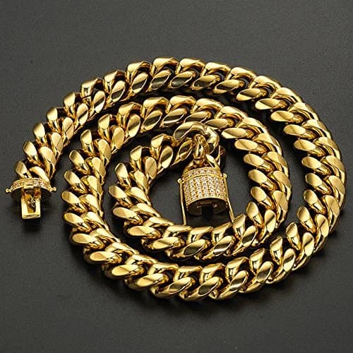 Jxlepe Mens Cuban Link Chain 15mm Stainless Steel Miami Curb Necklace | 30 Inch Gold thumbnail 7