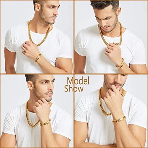 Jxlepe Mens Cuban Link Chain 15mm | Premium Stainless Steel Miami Bracelet with 18K Gold Plating thumbnail 4