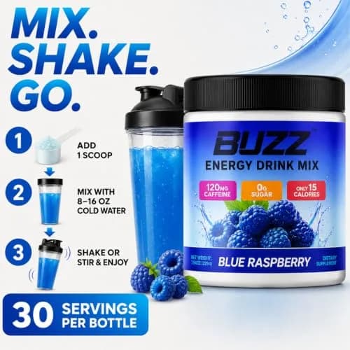 Morning Buzz Sugar Free Energy Drink Powder 30 Servings | Raspberry Flavor, Vegan, Gluten-Free thumbnail 4