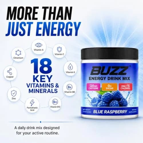 Morning Buzz Sugar Free Energy Drink Powder 30 Servings | Raspberry Flavor, Vegan, Gluten-Free thumbnail 5