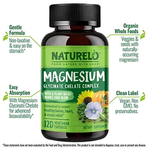 NATURELO Magnesium Glycinate Chelate Complex 200 mg 120 Count | Supports Sleep, Calm, Muscle Cramp & Stress Relief, Gluten Free, Non GMO, with Organic Vegetables thumbnail 2