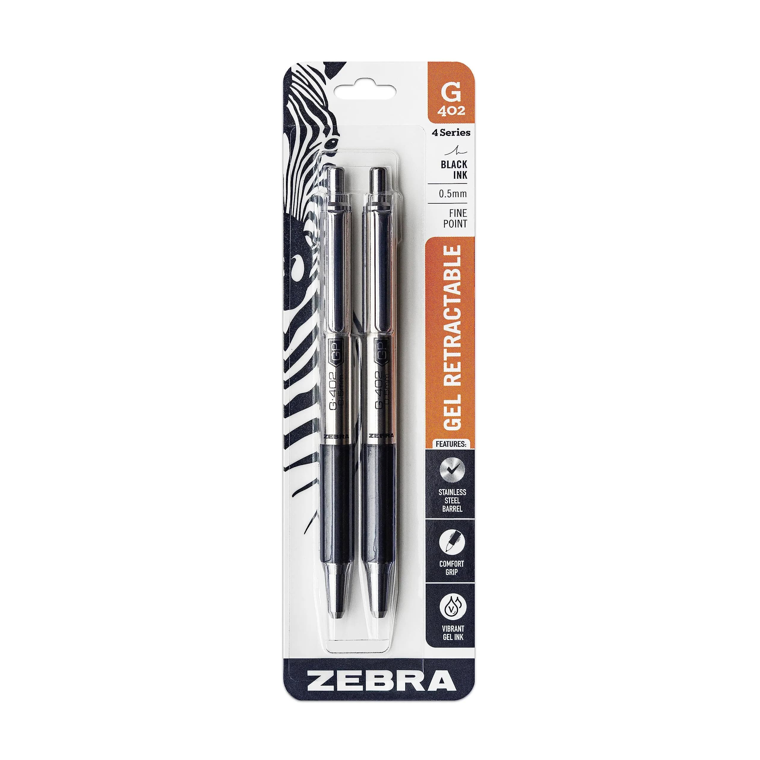 Zebra Pen STEEL G-402 Retractable Gel Pen 0.5mm Fine Point 2-Pack | Smooth Ink Flow for Office and Students - main product image
