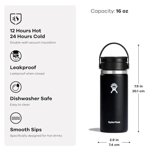 Hydro Flask Water Bottle - Insulated Stainless Steel - Wide Mouth Flex Sip Lid, Non Spill, Leakproof in 16 Oz White thumbnail 3